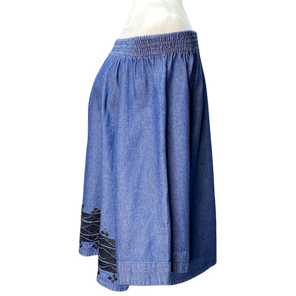 NE QUITTEZ PAZ | sz S Women's Denim Off Shoulder Black Embroidered Swing Top - Picture 5 of 7